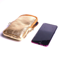 Pochette Cuir doré téléphone petit sac porte papier Trousse Bandoulière made in France